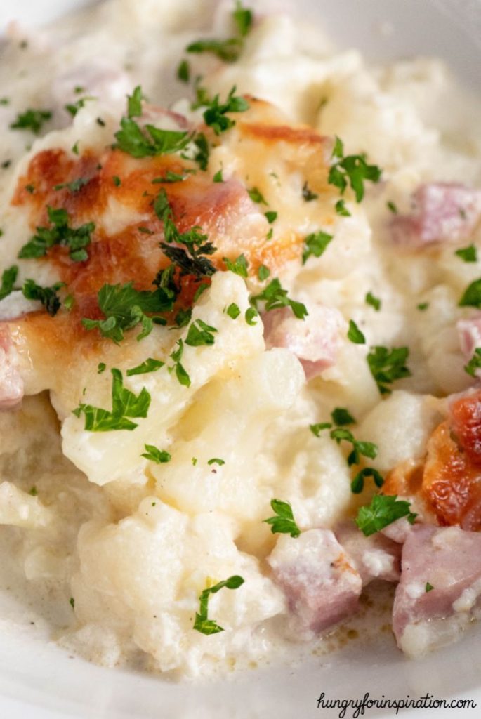 Keto Cauliflower Casserole With Ham And Low Carb Beschamel Sauce (White Sauce) Keto Dinner Recipe, Low Carb Dinner